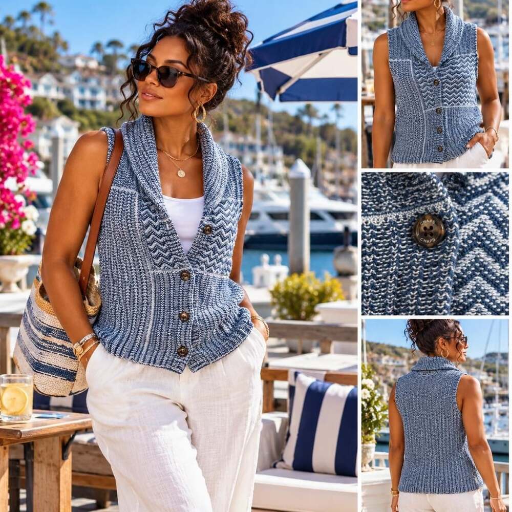 Chaps Denim Knit Vest Size XL Blue White Shawl Collar Sleeveless Button Front